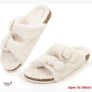 Faux Fur Slides with Cork Footbed, Adjustable Double Strap Sandals
